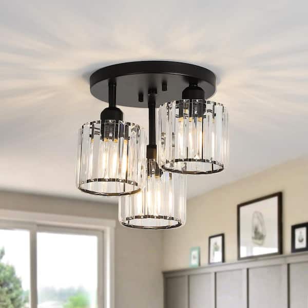 10.6 in. 3-Light Black Modern Entryway Semi-Flush Mount Ceiling Light with Clear Crystal Shades