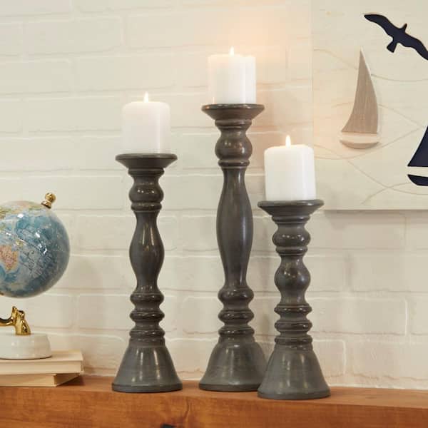 Litton Lane Gray Wood Candle Holder (Set of 3)