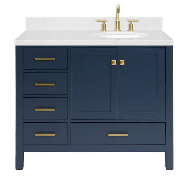 Cambridge 42 in. Single Sink Freestanding Bathroom Vanity in Midnight Blue with Carrara White Quartz Top