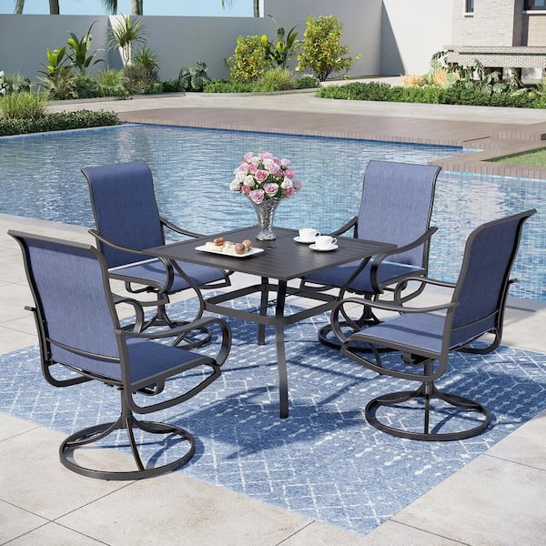 PHI VILLA Black 5-Piece Metal Square Patio Outdoor Dining Set with Slat Table and Textilene Swivel Chairs