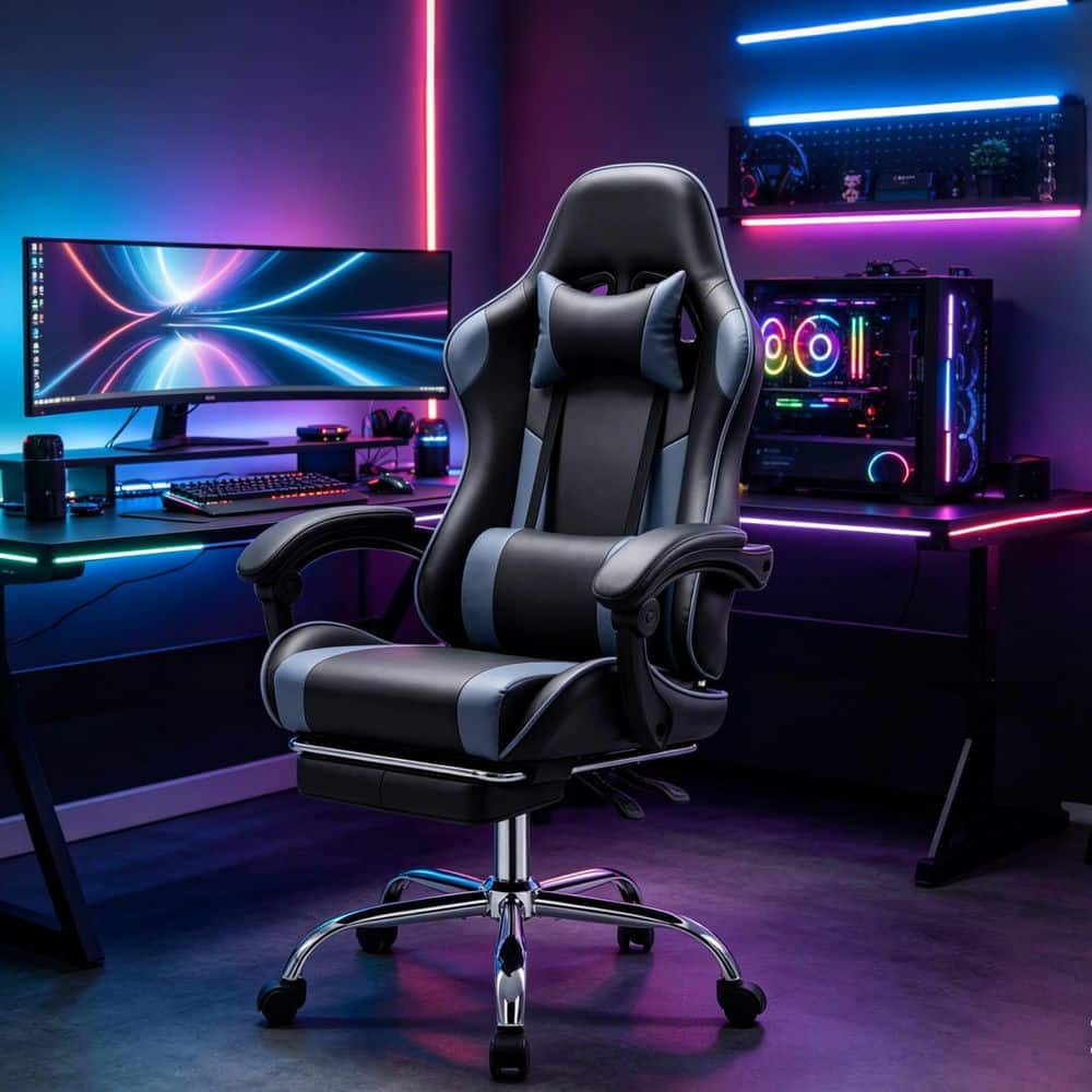 Leather Pocket Spring Reclining Ergonomic Office Gaming Chair in Black and Grey with Adjustable Arms