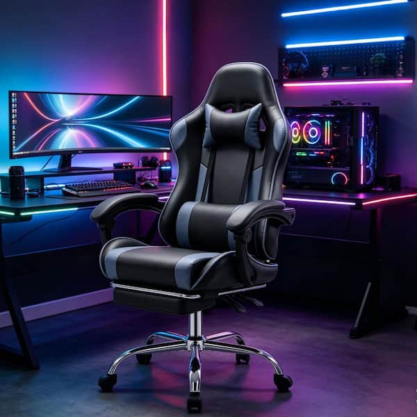 Leather Pocket Spring Reclining Ergonomic Office Gaming Chair in Black and Grey with Adjustable Arms