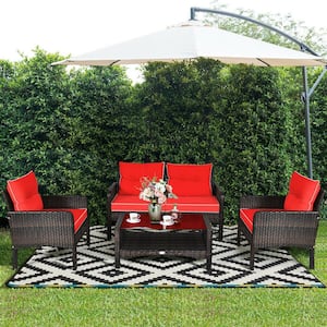 4-Piece Wicker Patio Conversation Set with Red Cushion and Coffee Table