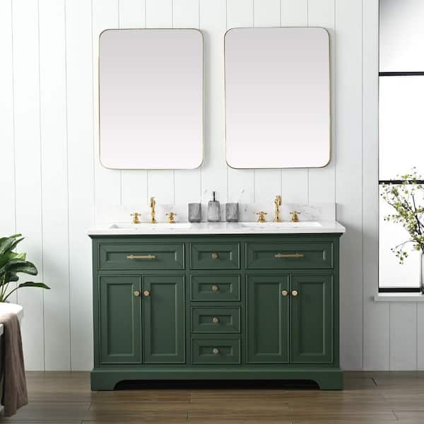 SUDIO Thompson 54 in. W x 22 in. D Bath Vanity in Evergreen with Engineered Stone Top in Carrara White with White Sinks