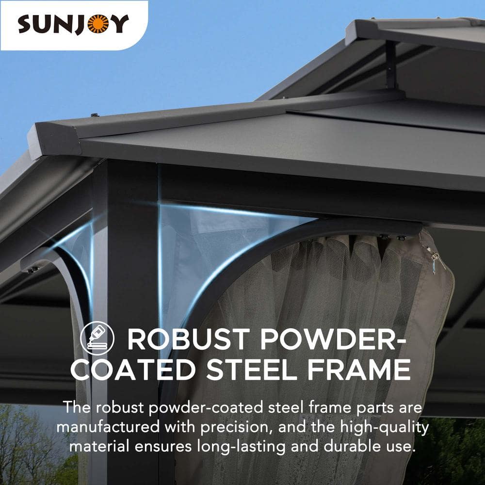 Sunjoy 12 x 16 ft. Black Steel Hardtop Gazebo with Netting