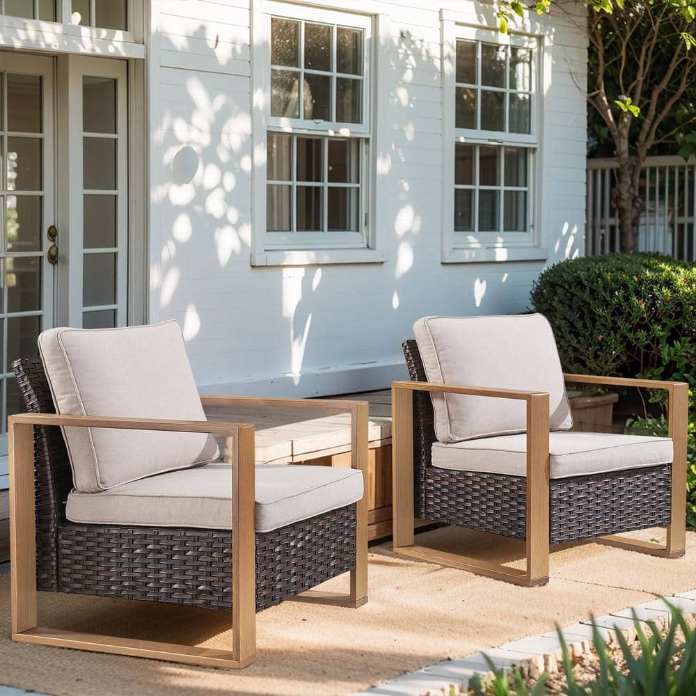 Rectangular Framed Armrest Brown Wicker Outdoor Patio Lounge Chair with CushionGuard Beige Cushions price history on PriceWatchPro