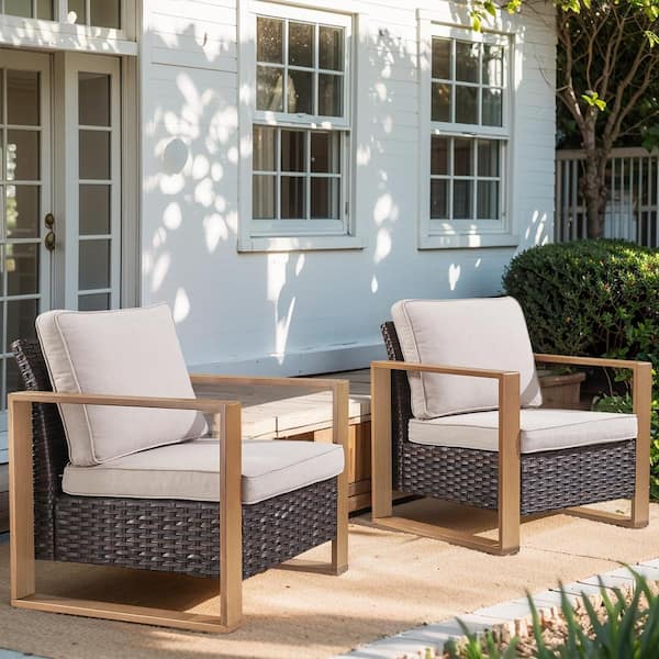 Pocassy Rectangular Framed Armrest Brown Wicker Outdoor Patio Lounge Chair with CushionGuard Beige Cushions