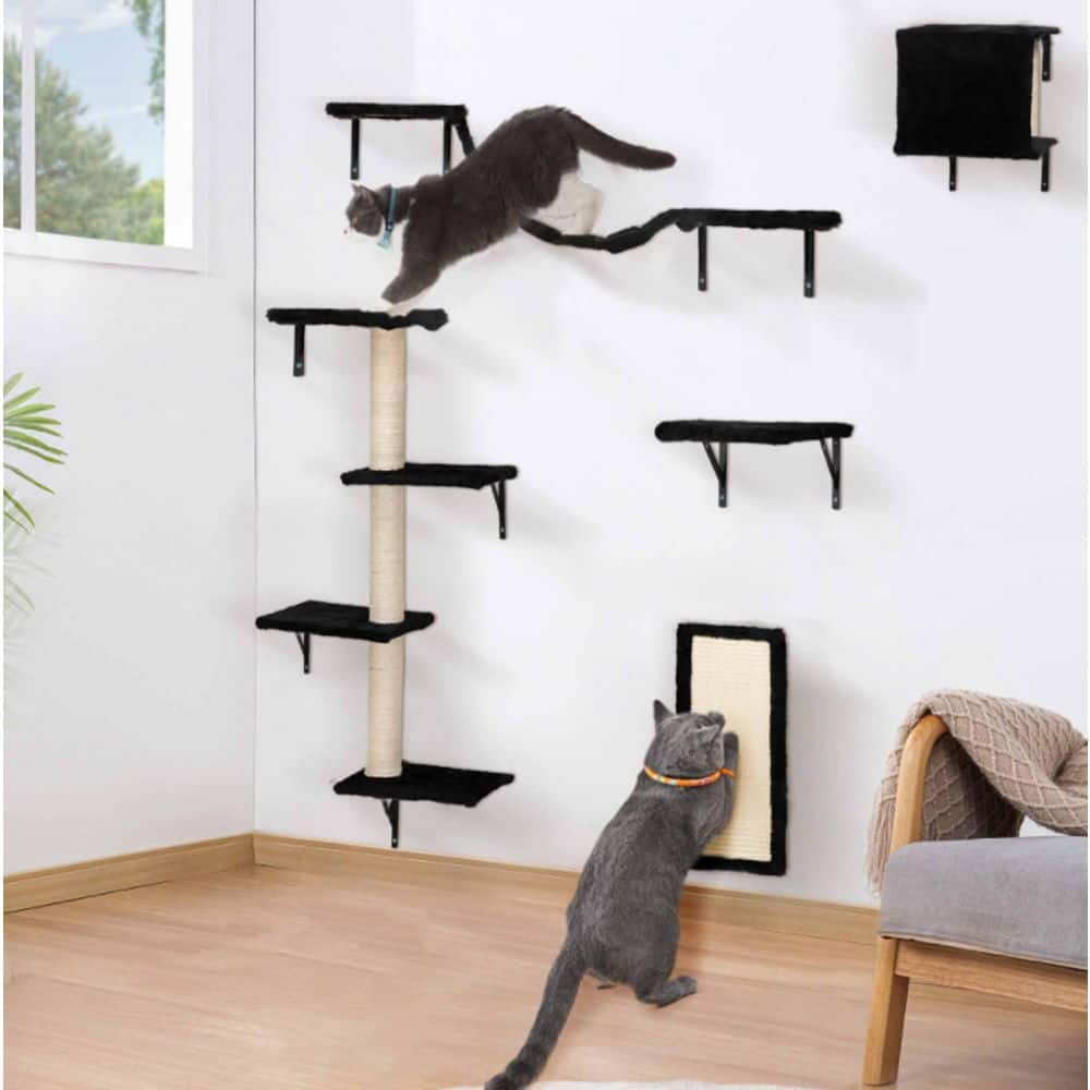 5-Piece Bath Hardware Set Wall Mounted Cat Climber Set Floating Cat Shelves and Perches Cat Activity Tree in Black