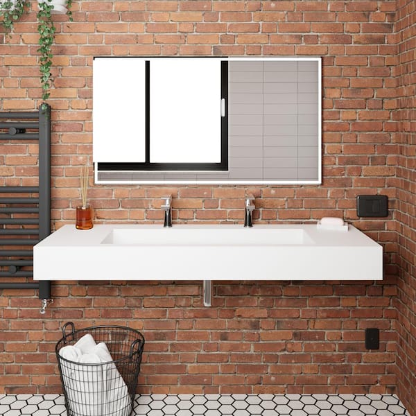 Pyramid 60 in. Wall Mount Solid Surface Single-Basin Rectangle Bathroom Sink in Matte White