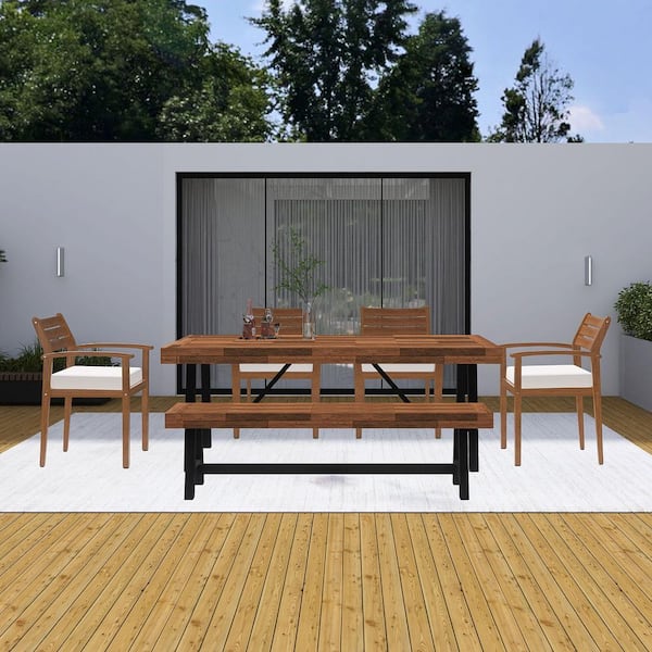 Boosicavelly Natural 7-Piece Acacia Wood Outdoor Dining Set with Beige Cushions and Bench