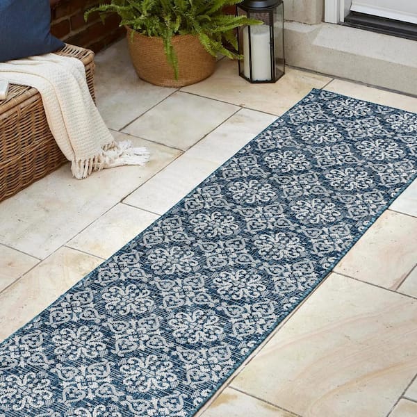 Amora Navy/Cream 2 ft. x 8 ft. Traditional Mediterranean Tile Design Indoor/Outdoor Runner Rug