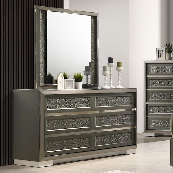 Furniture of America Jena Dark Gray 6-Drawer 63.5 in. Dresser with LED on Mirror and Leaf Pattern Molding