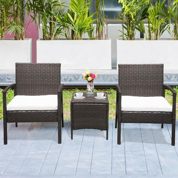 Karl home 3-Piece Wicker Patio Conversation Set with White Cushion
