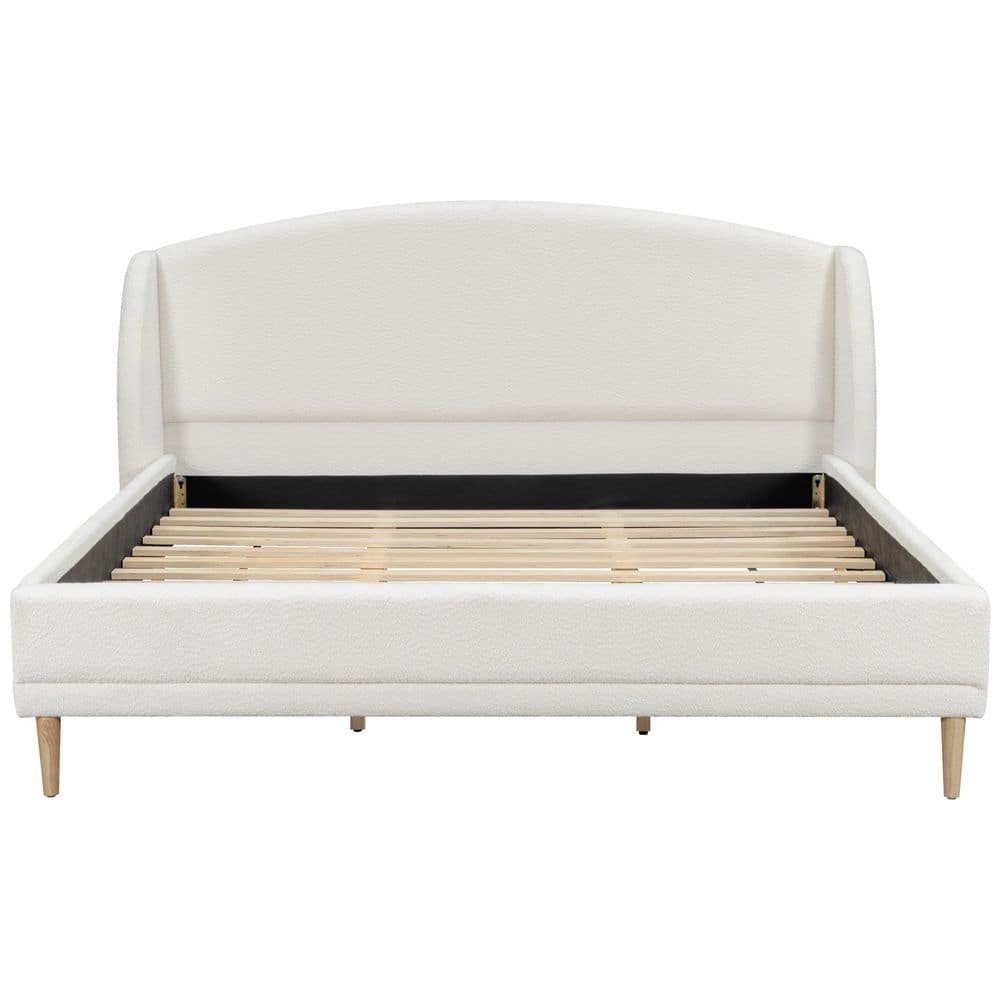 Arc White Boucle Fabric Upholstered Wood Frame King Size Platform Bed and Headboard Set - thumbnail 10