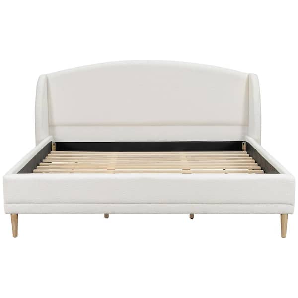Arc White Boucle Fabric Upholstered Wood Frame King Size Platform Bed and Headboard Set