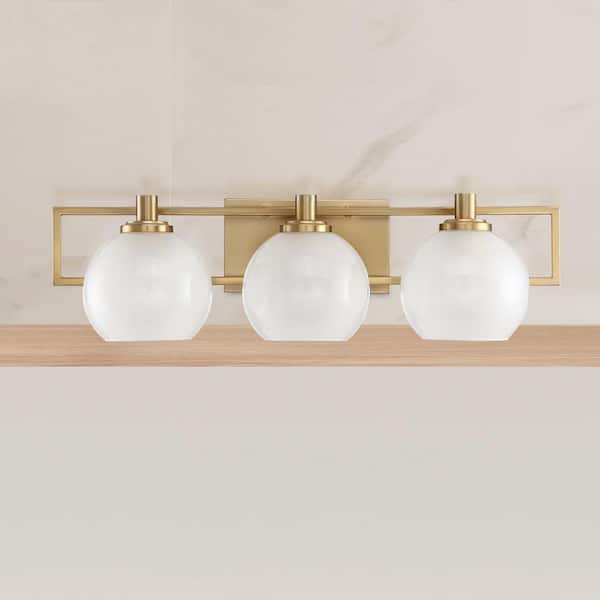 Cowen 24 in. 3-Light Brushed Gold Mid-century Vanity Light with Etched Glass Shades