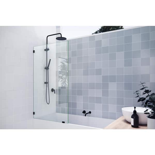 Glass Warehouse 34 in. x 58 in. Frameless Fixed Panel Bathtub Door in Matte Black without Handle