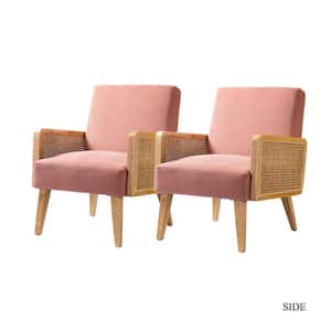 Delphine Modern Blush Accent Chair with Rattan Armrest and Wood Legs for Living Room and Bedroom (Set of 2)