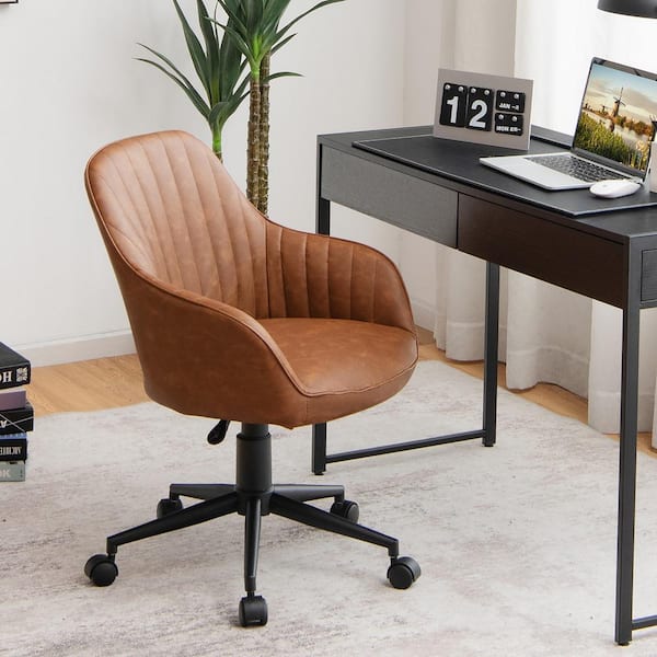 Brown PU Leathaire Home Office Chair Adjustable Swivel Leisure Desk Chair with Arms