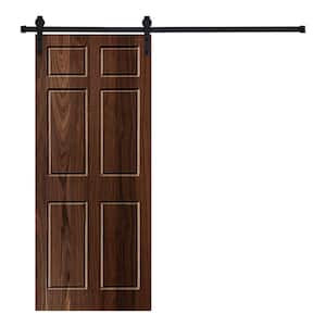 6-Panel Designed 80 in. x 36 in. Wood Panel Dark Walnut Painted Sliding Barn Door with Hardware Kit