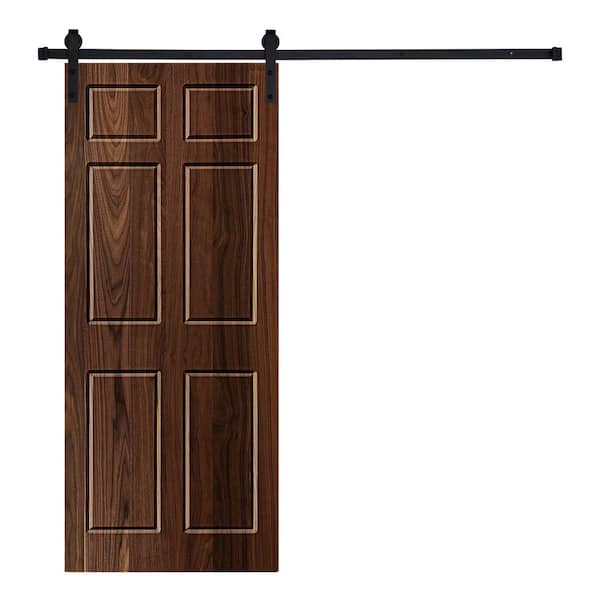 AIOPOP HOME 6-Panel Designed 84 in. x 36 in. Wood Panel Dark Walnut Painted Sliding Barn Door with Hardware Kit
