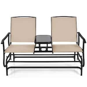 1-Piece Metal Patio Conversation Rocking Loveseat with Mesh Fabric and Center Tempered Glass Table-Beige