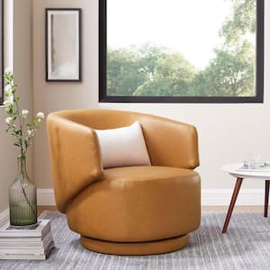 Celestia Faux Leather Fabric and Wood Swivel Chair in Tan