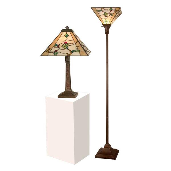 Dale Tiffany 22 in. Schofield Mission Antique Bronze Verde Table Lamp with 72 in. Antique Bronze Verde Torchiere Lamp