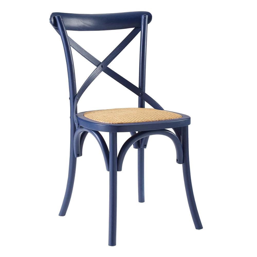 Midnight Blue Rustic Farmhouse Elm Wood Side Chair with Rattan Seat