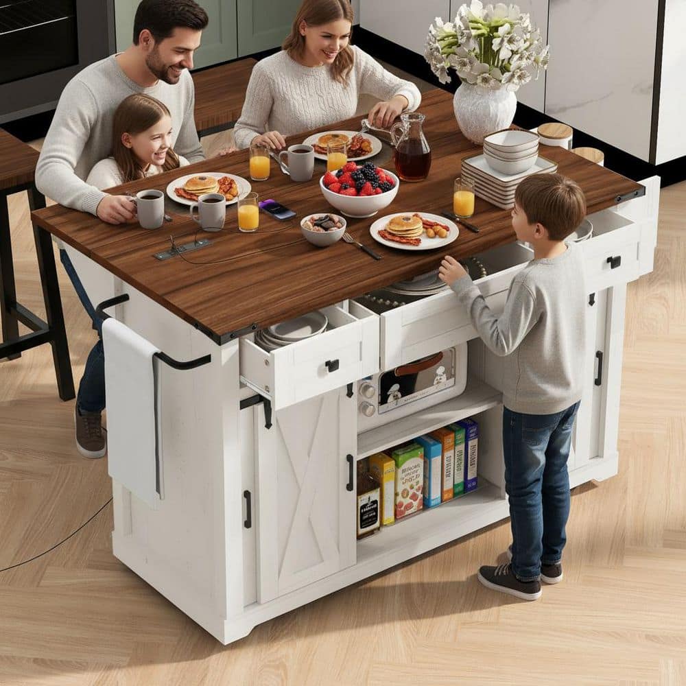 Farmhouse White Wood 58 in. Drop Leaf Power Outlet Rolling Kitchen Island with Sliding Barn and Metal Grid Side Door