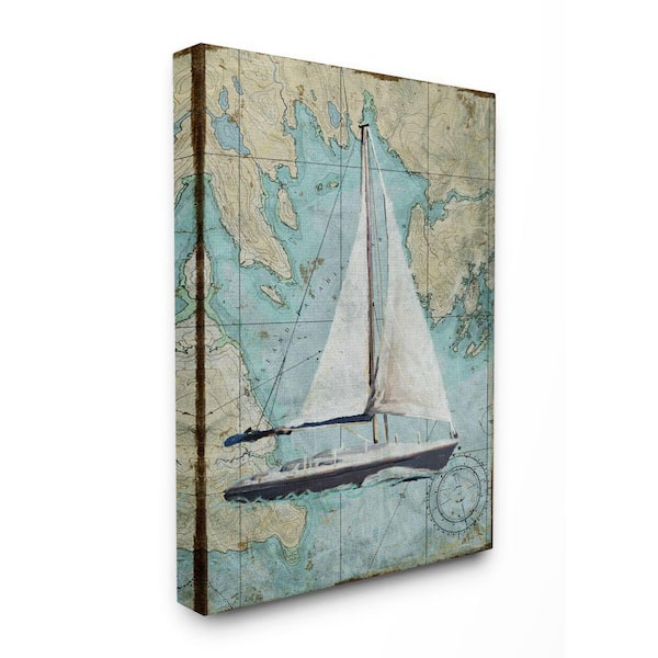 Stupell Industries 30 in. x 40 in. "Vintage World Map Sail Boat Ocean Coast Painting" by Art Licensing Studio Canvas Wall Art