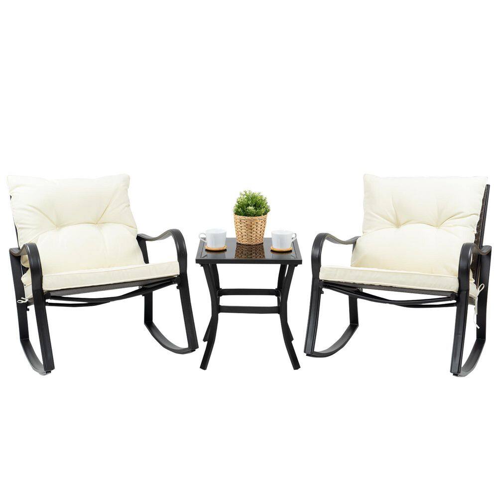 KOZYARD 3Piece Metal Outdoor Bistro Set Rocking Chairs with White