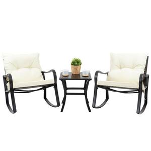 3-Piece Metal Outdoor Bistro Set Rocking Chairs with White Cushions