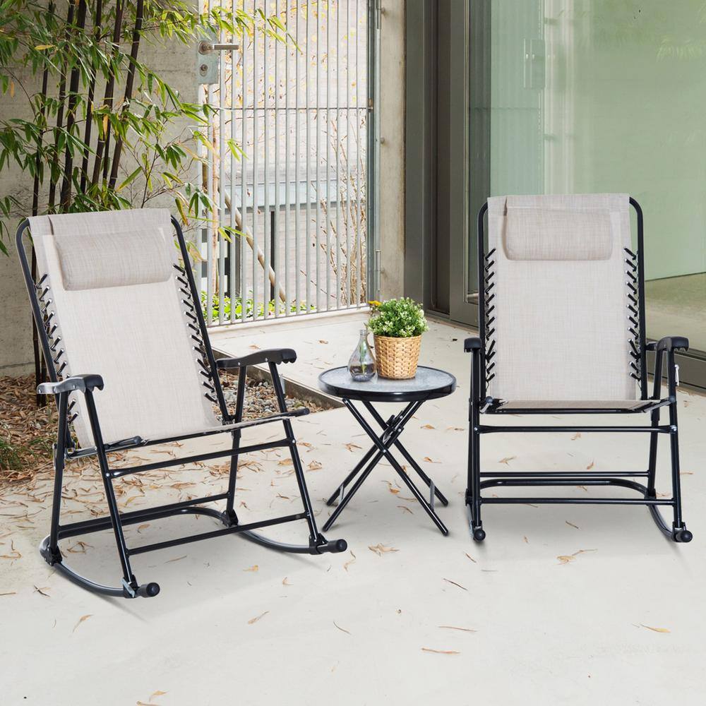Ergonomic Design 3-Piece Metal Foldable Outdoor Rocking Chair Set with Round Tempered Glass Coffee Table in Cream White price history on PriceWatchPro