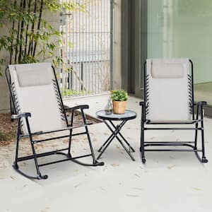 Ergonomic Design 3-Piece Metal Foldable Outdoor Rocking Chair Set with Round Tempered Glass Coffee Table in Cream White