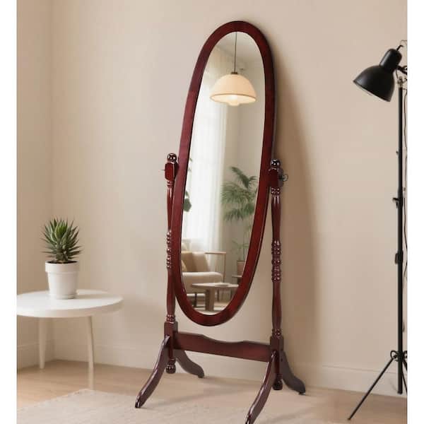 Queen Anne Style Brown 16 in. W x 59.25 in. H Floor Mirror Standing Mirror Tilting Oval Wood Full Length Mirror