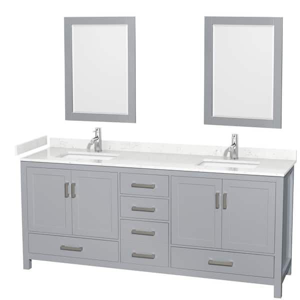 Wyndham Collection Sheffield 80 in. W x 22 in. D x 35 in. H Double Bath Vanity in Gray with Carrara Cultured Marble Top and 24" Mirrors