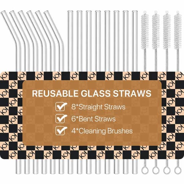 18-Pack Clear Borosilicate Glass Drinking Straws with 4 Cleaning Brushes, 8 Straight and 6 Bent Straws