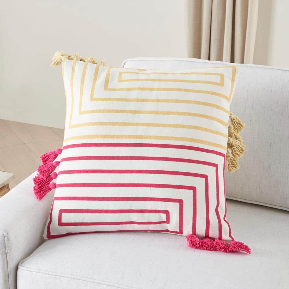 Hot Pink and Yellow Cotton Square Throw Pillow with Tassels