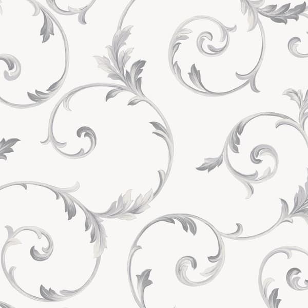 Scroll Wallpaper in Stone, Gray and Metallic Silver