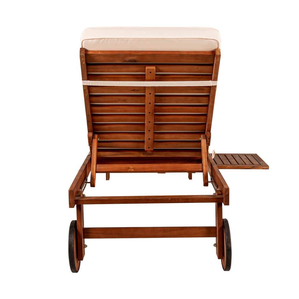 Seabrook 69" Acacia Wood Outdoor Lounger with Cream Cushion and Slide Table