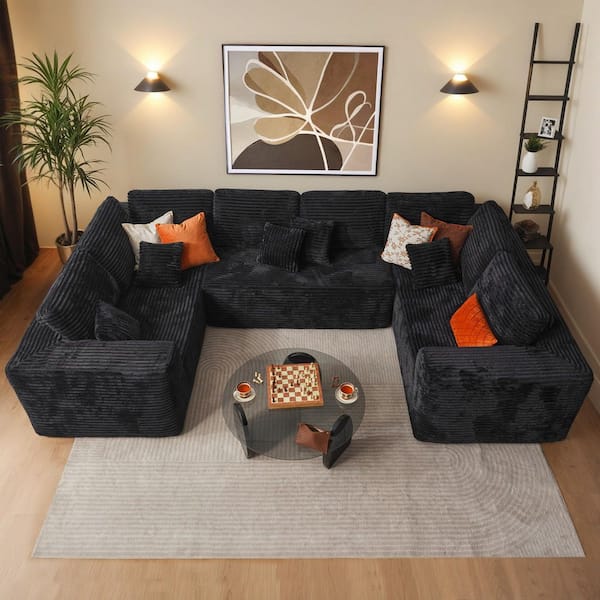 VN 135 in. Wide Arm 3-Piece Modern Plush Corduroy U-Shape Deep Seat Modular Sectional Sofa in. Black for Living Room
