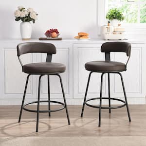 32.5 in. Brown Low Back Metal Frame Swivel Counter Stool with Round PU Leather Seat (Set of 2)