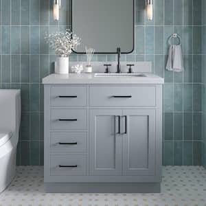 Hepburn 36 in. Single Sink Freestanding Bathroom Vanity in Gray with Carrara White Quartz Top