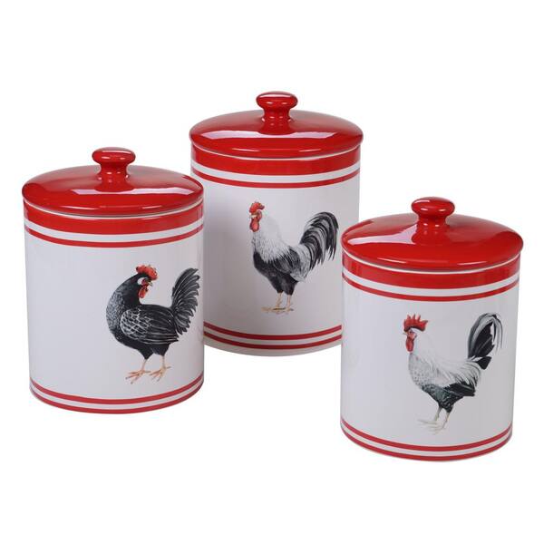 Certified International Homestead Rooster 3-Piece Country/Cottage Multi-Colored Ceramic 60, 72, 104 oz. Canister Set