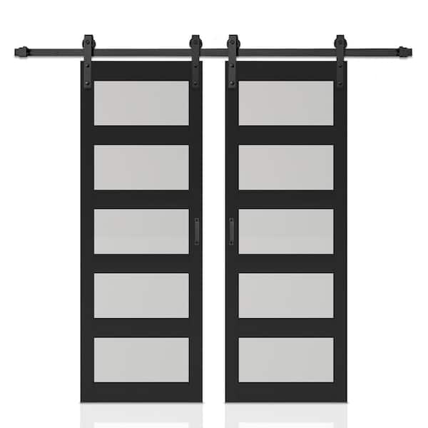 Calhome 60 in. x 84 in. 5 Lite Tempered Frosted Glass Black Finished Composite Double Sliding Barn Door with Hardware Kit Handle