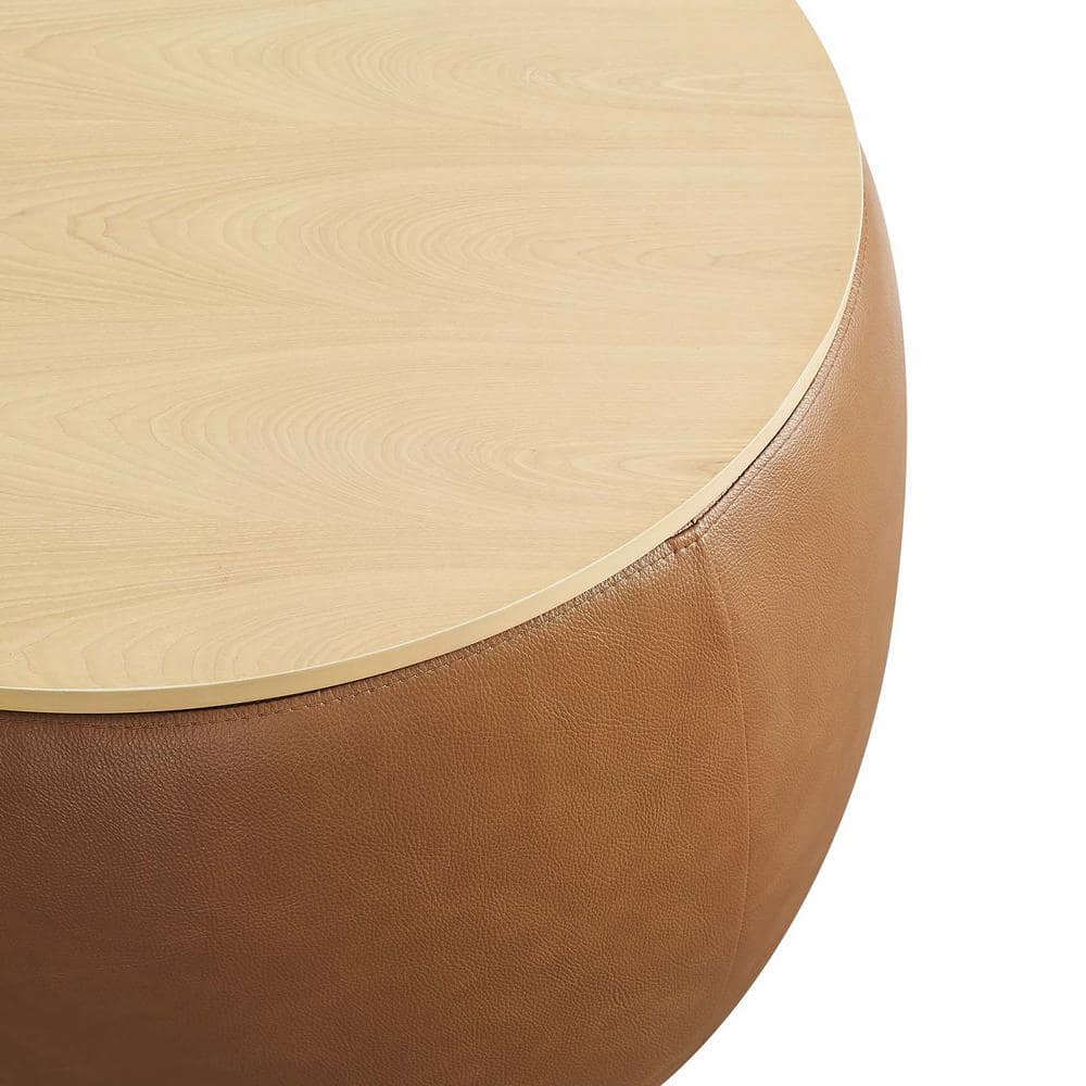 Tan Round Vegan Leather Storage Ottoman with Tray Lid