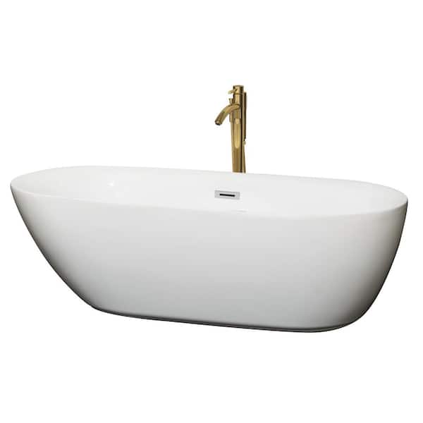 Wyndham Collection Melissa 70.75 in. Acrylic Flatbottom Bathtub in White with Polished Chrome Trim and Brushed Gold Faucet