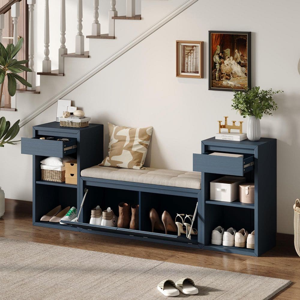 77.48 in. Antique Navy All-in-One Entryway Storage Bench with Cushion , Drawers and Open Shelves