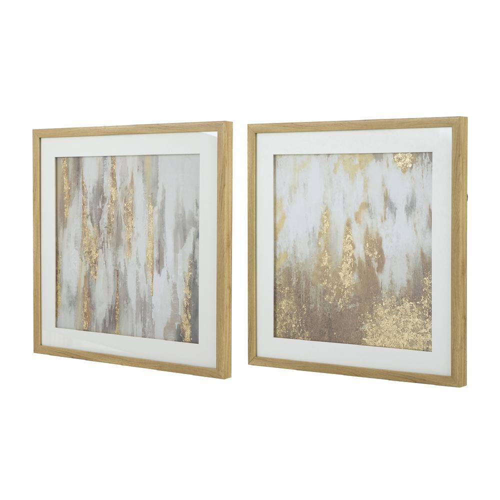 Set of 2 Gold and Beige Abstract Framed Glass Wall Art